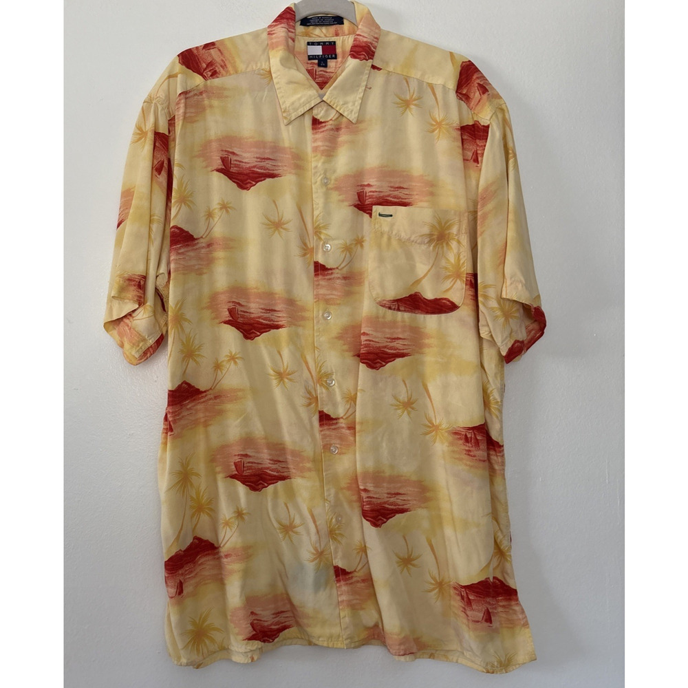 Tommy Hilfiger Shirt Mens L Yellow Volcano Tropical Beach Hawaiian Resort Spa